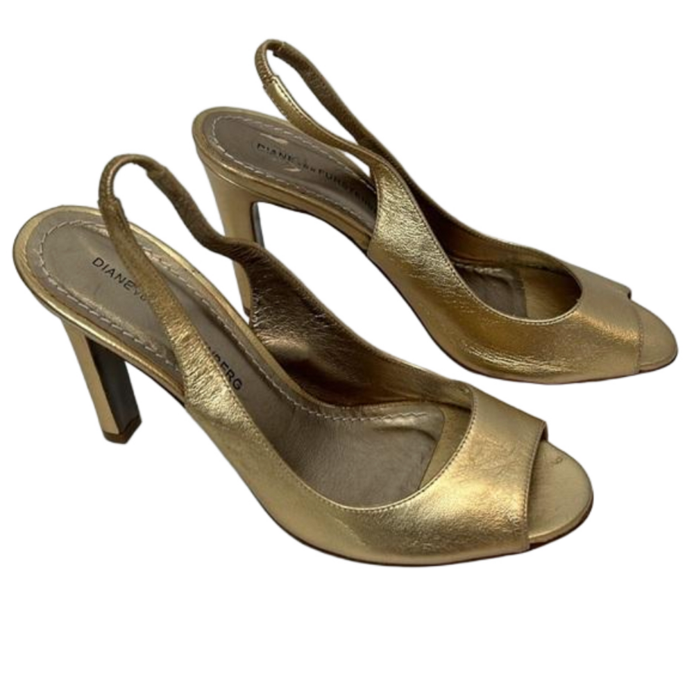 Diane Von Furstenberg Metallic Gold Leather Peep Toe Sling Back Heel Sandals 7.5